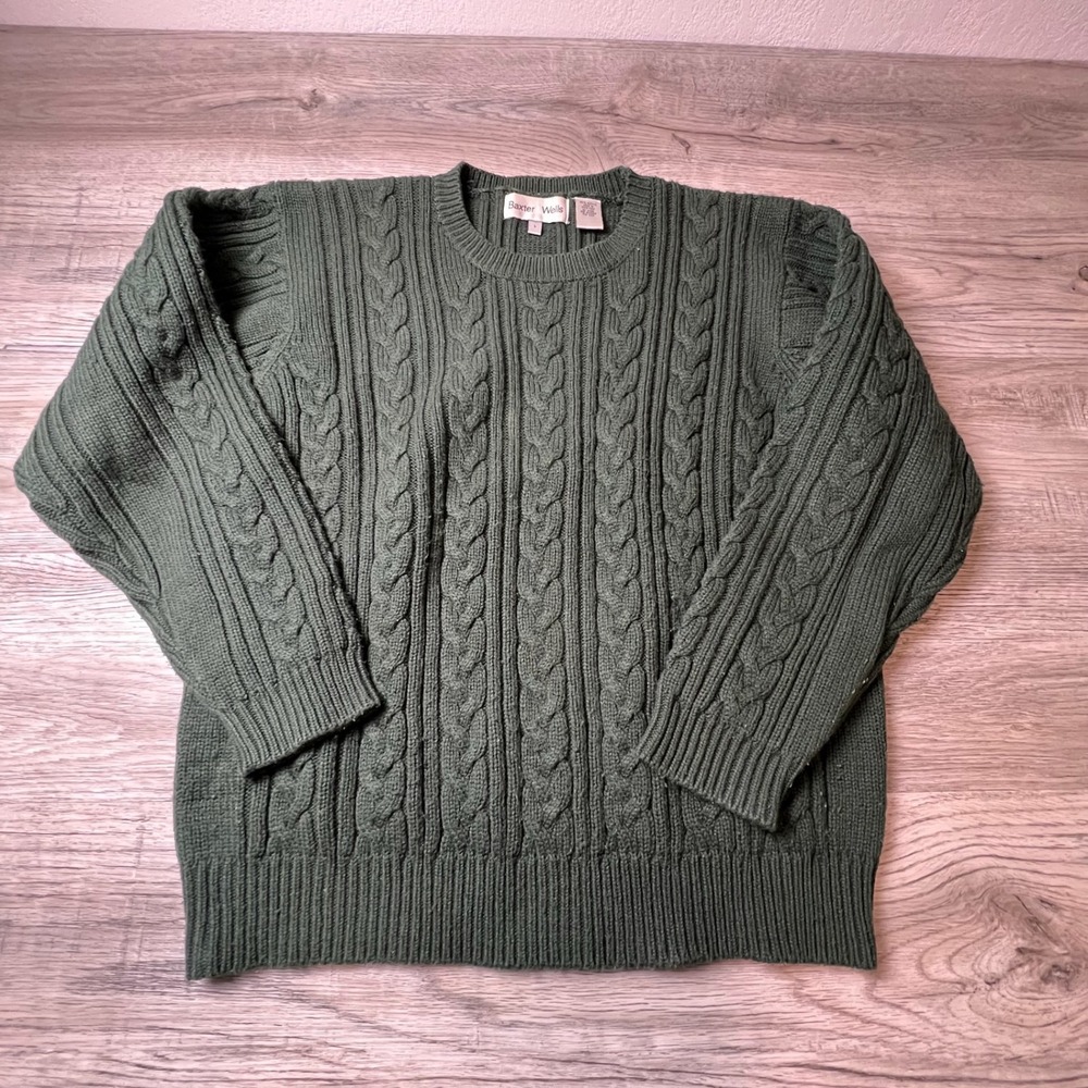 Baxter & Wells Sweater Mens Large Green Cable Knit Crewneck‎ Pullover Z17